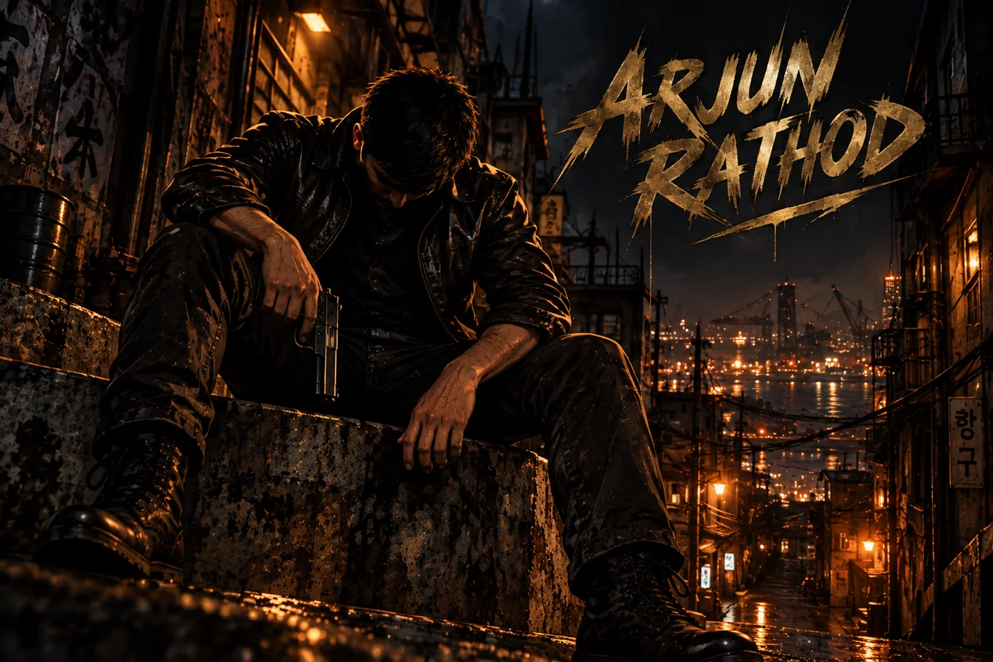 Arjun Rathod, clean-shaven, seated in a harbor alley at night