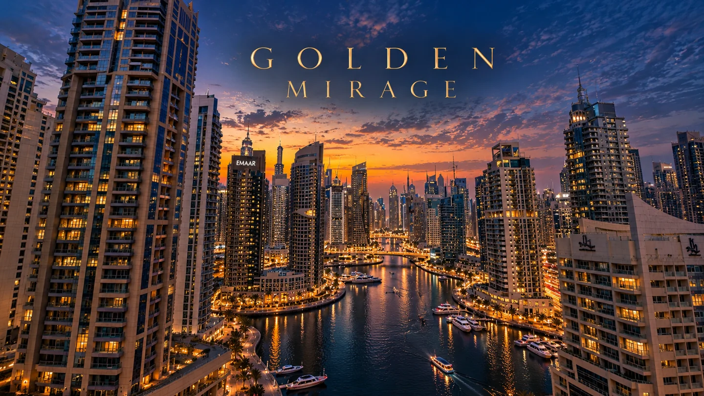 Golden Mirage waterfront skyline at dusk