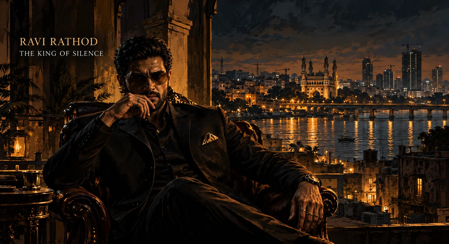 Ravi Rathod, bearded and wearing sunglasses, overlooking the city